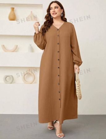 SHEIN Mulvari Plus Lantern Sleeve Button Front Dress