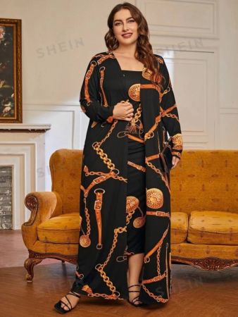 SHEIN Modely مقاس كبير بطباعة سلسلة فستان انوب مع معطف
