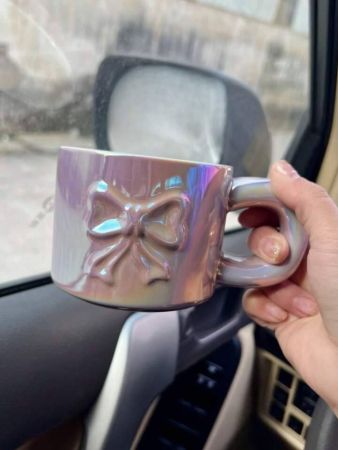 كوب سيراميك ب- 380 مل /13 أونصة ذو فتحة كبيرة مع زخرفة عقدة اللؤلؤ المزيف، هدية ممتازة لموسم الزفاف وعيد الأم