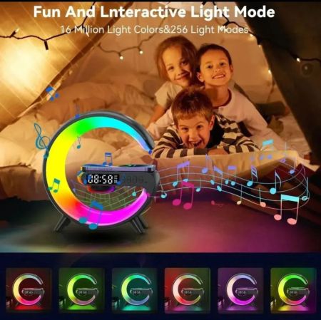 شاحن لاسلكي ذكي مع مصباح ضوء ليلي منبه ومكبر صوت بلوتوث مع RGB