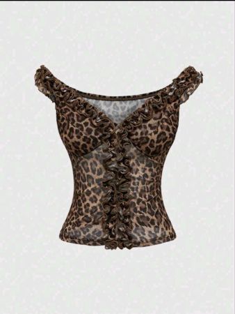 تي شيرت نسائي من ROMWE Hippie Vintage Leopard Print بحافة مكشكشة، بلوزة صيفية