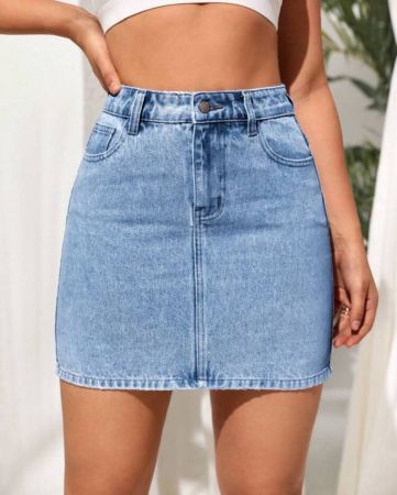 SHEIN Essnce تنورة جينز مربوطة بحزام على الخصر بازرار مع جيوب، أزياء كاجوال للاستخدام اليومي