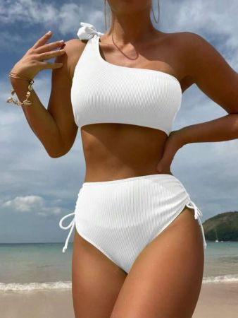 طقم بيكيني SHEIN Swim Summer Beach Rib بكتف واحد وخصر مرتفع