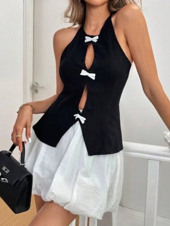 طقم ملابس كاجوال نسائي من SHEIN Frenchy مكون من قطعتين من بلوزة مكشوفة الكتفين مع تنورة قصيرة مزينة بفيونكة بألوان متعددة، تنورة بيضاء منفوخة، ملابس نسائية خريفية مقلوبة، طقم صدرية مزينة بفيونكة، طقم نسائي من الكتان من Old Money، بلوزات للنادي، بلوزات مع