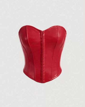 SHEIN MOD حمراء خاصة بليلة المواعدة, سترة مشدودة بنمط السمكة العظمية من جلد البو صلب، توب أنبوبي
