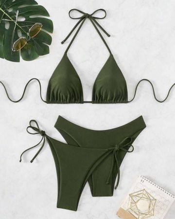 SHEIN Swim Basics مجموعة بيكيني مربوط على العنق على شكل حرف V, مناسبة للشاطئ، ملابس سباحة صيفية