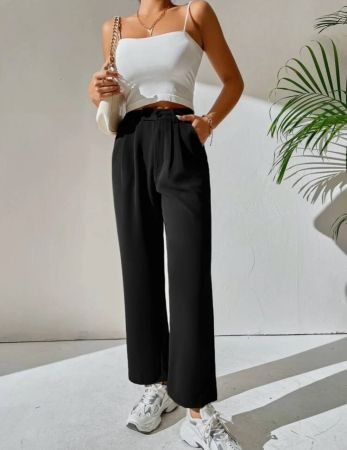 SHEIN PETITE بنطال نسائي طويل عريض ذو خصر مرتفع وتفاصيل منبثنة، متينة لفصلي الربيع والخريف، قصة مستقيمة مع جيوب وزر، مناسب للاستخدام اليومي، ملابس رمضان