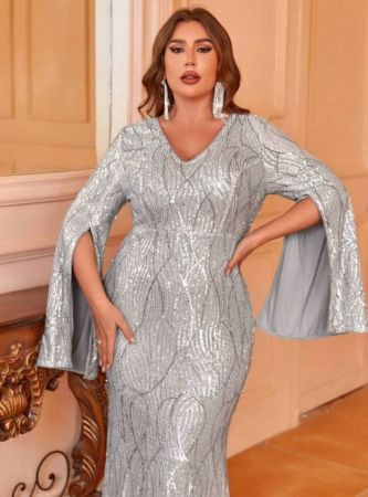 SHEIN Belle فستان سهرة طويل الأكمام مقسوم بشراريب براق مصمم للحجم الكبير (إصدار ثقيل) ، موديل أنيق للحفلات الراقية والزفاف واللقاءات الرسمية ، مناسب للتخرج وحفلات العشاء