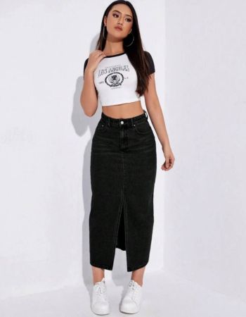 SHEIN EZwear تنورة نسائية جينز كاجوال متوسطة الطول بشق جانبي وجيوب