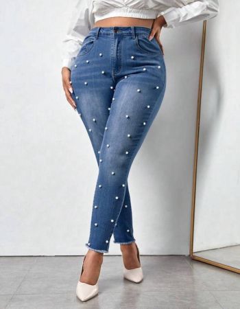SHEIN SXY بنطلون جينز نحيل خصر عالي مطرز بلؤلؤ حافة خام مقاس كبير