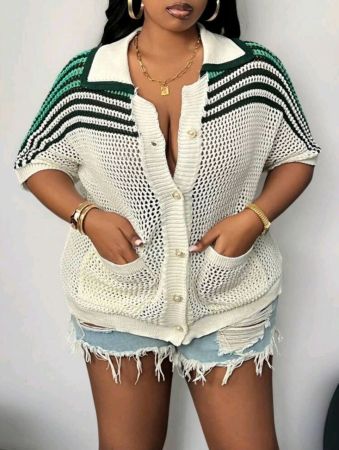 قميص نسائي كاجوال بأكمام قصيرة من SHEIN CURVE+ مقاس كبير، باللونين الأخضر والأبيض، بلوزة محبوكة، مناسب لعيد الحب