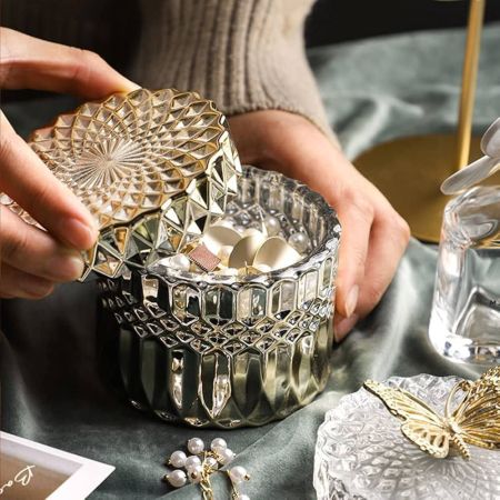 قطعة واحدة ذهبي ألون حامل شموع زجاجي مضلع عاكس مع غطاء فاخر بريزم ذهبي فضي ووردي حاوية شموع