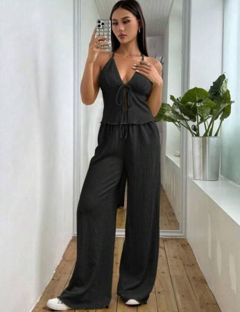 SHEIN Clasi مجموعة ملابس علوية بياقة عالية مطوية مموجة وبنطلون واسع الساق، مريحة وعصرية
