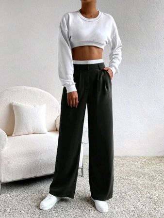 بنطلون بدلة واسع الساق من SHEIN EZwear بتصميم ربيعي بخصر عالٍ وتفاصيل مطوية