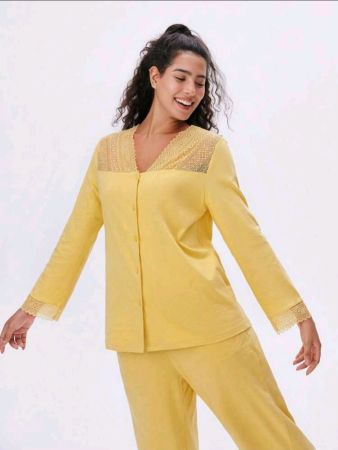 طقم بيجامة وصيفة العروس من LUVLETTE باللون الأصفر من القطن مع دانتيل، طقم ملابس نوم للنساء، بنطلون لانجري مع جيوب