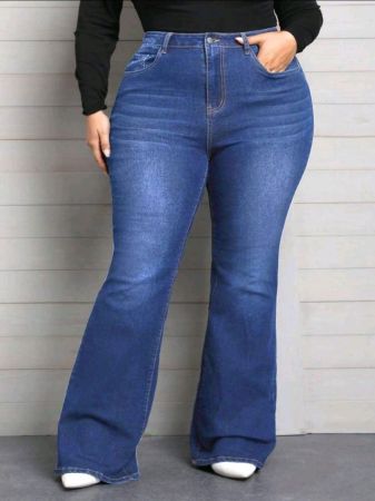 بنطلون جينز نسائي من SHEIN CURVE+ بمقاسات كبيرة، أزرق مطاطي، أنيق وجذاب