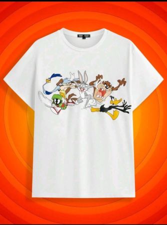 تي شيرت LOONEY TUNES X SHEIN للجنسين، صيفي كاجوال أبيض محايد، بطبعة كرتونية كلاسيكية، بأكمام قصيرة ورقبة مستديرة