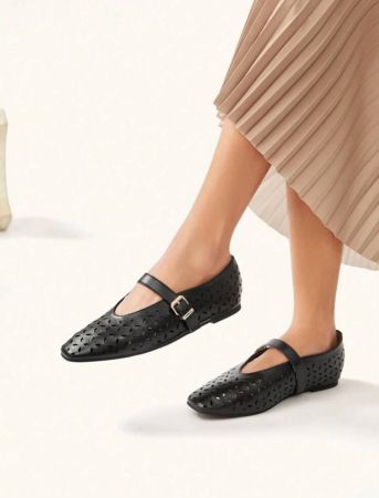 CUCCOO CHICEST أحذية مسطحة من النوع ماري جين ذات طبعة زهرية بطبعة ليزر وأصابع قدم مستديرة للنساء، نمط بسيط وعتيق مناسب لأيام السنة الجديدة والاعيادرمضان