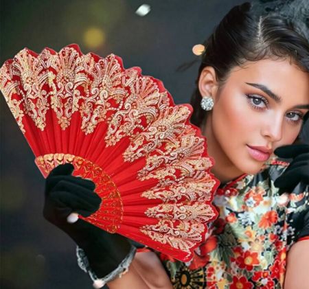 مروحة يدوية من ورق الذهب من قطعة واحدة من عشرينيات القرن العشرين، ديكور حفلات الأداء المسرحي على الطراز القديم، إكسسوار زي عتيق