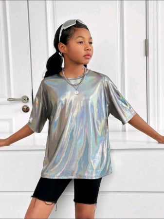 بلوزة SHEIN SLAYR KIDS SLAYR KIDS للفتيات المراهقات بتصميم أنيق على طراز الشارع، محبوكة برقبة دائرية وأكمام قصيرة، مناسبة للربيع/الصيف