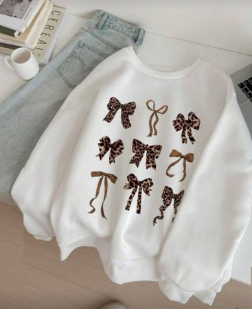 SHEIN EZwear كاجوال طراز الرومانية الحديث الفهد الأمريكي أربطة طباعة صدرية كبيرة فضفاضة سميكة البلوزة الرياضية للنساء ، بأكمام طويلة