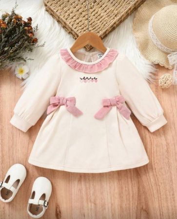 SHEIN Vintaside Kids فستان طويل الأكمام مع طوق مكشكش مزين بفيونكة للبنات الصغيرات، متعدد الاستخدامات للخريف والشتاء