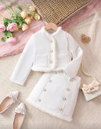 SHEIN بنت طفل مقلم زغبي جيب مرقع أزرار علوية تويد جاكيت و تنورة