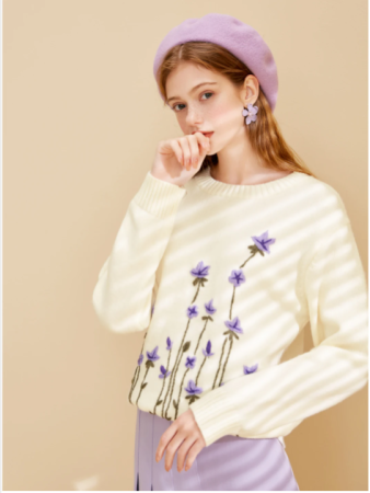 Girly embroidery purple flower pullover sweater o-neck long sleeve autumn winter loose sweater