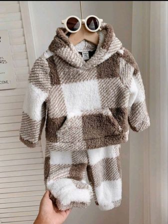 SHEIN Baby Boy Baby Girl Casual Plaid Fleece Hoodie And Pants Set, All-Match Khaki Color, Soft And Comfortable, Perfect For Daily Wear, Outdoors Or Indoors, Autumn And Winter