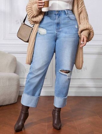 SHEIN CURVE+ Plus Size Distressed Straight Leg Jeans