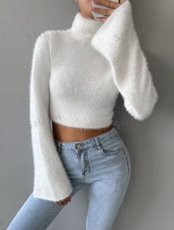 SHEIN MOOSTA Rolled Neck Crop Fuzzy Sweater