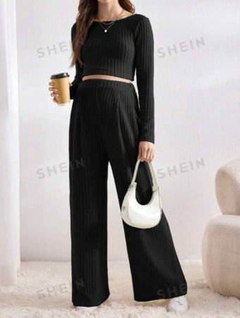 SHEIN Maternity 2pcs Casual Solid Color Long Sleeve Top And Pants Set, Spring Autumn, Fall Two Piece Outfit