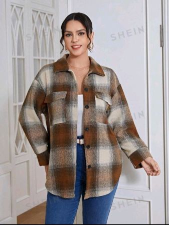 SHEIN Unity Plus Plaid Print Drop Shoulder Flap Pocket Curved Hem Overcoat