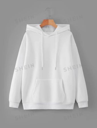 SHEIN EZwear Solid Kangaroo Pocket Drop Shoulder Drawstring Thermal Hoodie