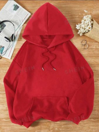 SHEIN EZwear Plus Kangaroo Pocket Drawstring Thermal Hoodie