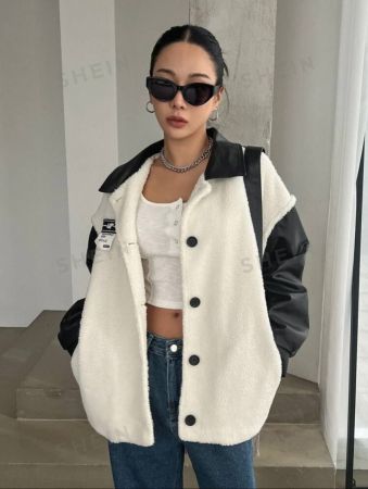 DAZY Letter Patched Contrast Teddy Drop Shoulder Coat