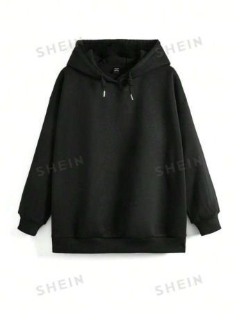 SHEIN Artist Plus Size Women's Solid Color Black Long Sleeve Casual Hoodie Sweatshirt