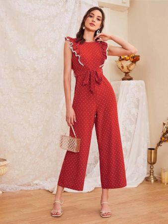 SHEIN Mulvari Heart Print Confetti Striped Ruffle Belted Jumpsuit