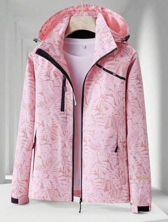 Women's Outdoor Floral Printed Windbreaker Hooded Drawstring Sports Jacket Workout Jacket