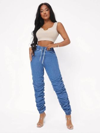 SHEIN SXY Drawstring Waist Ruched Stacked Jogger Jeans