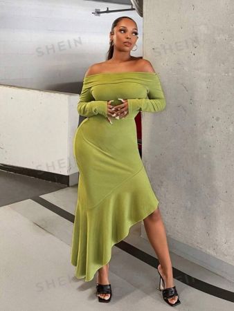 SHEIN SXY Off Shoulder Asymmetrical Ruffle Hem Dress