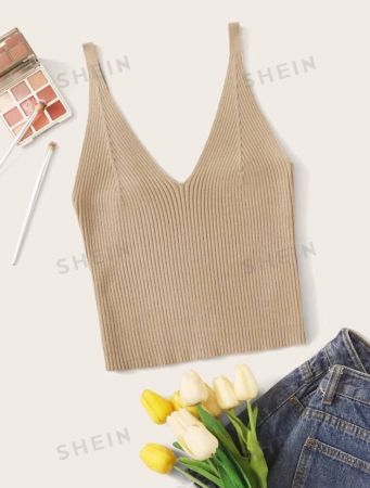 SHEIN MOOSTA Ribbed V-Neck Crop Top