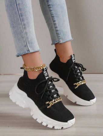 Women Letter Graphic Chain Decor Lace Up Running Shoes, Sporty Outdoor Fabric Sports Shoes