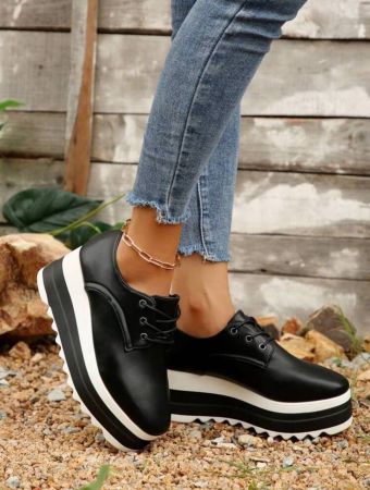 Women Platform Square Toe Solid Color Back To School Wedge Loafers