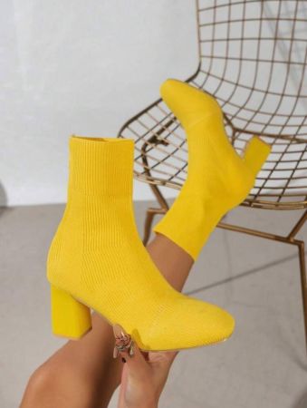 Women's Fashion Solid Color Slip-On Chunky Heel Boots, Versatile Knitted Yellow High Heel Shoes