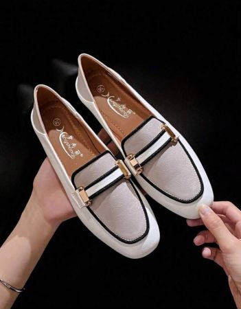 Mengshangli Women Contrast Binding Metal Decor Square Toe Flats, Fashion Outdoor Loafer Flats