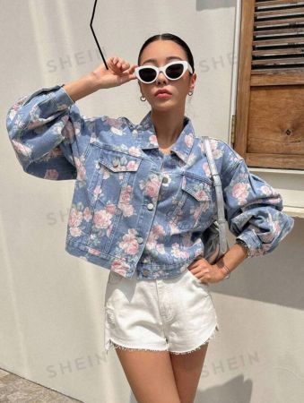 DAZY Floral Print Drop Shoulder Flap Pocket Denim Jacket