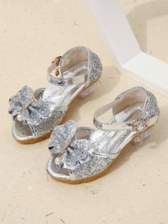 Kids Silver Rhinestone & Pearl Butterfly Bowknot Embellished Ankle Strap High Heel Sandals