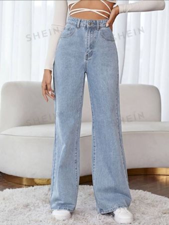 SHEIN Frenchy High Waist Wide Leg Floral Embroidery Jeans