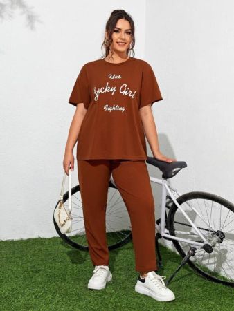 Plus Slogan Graphic Drop Shoulder Tee & Pants Set